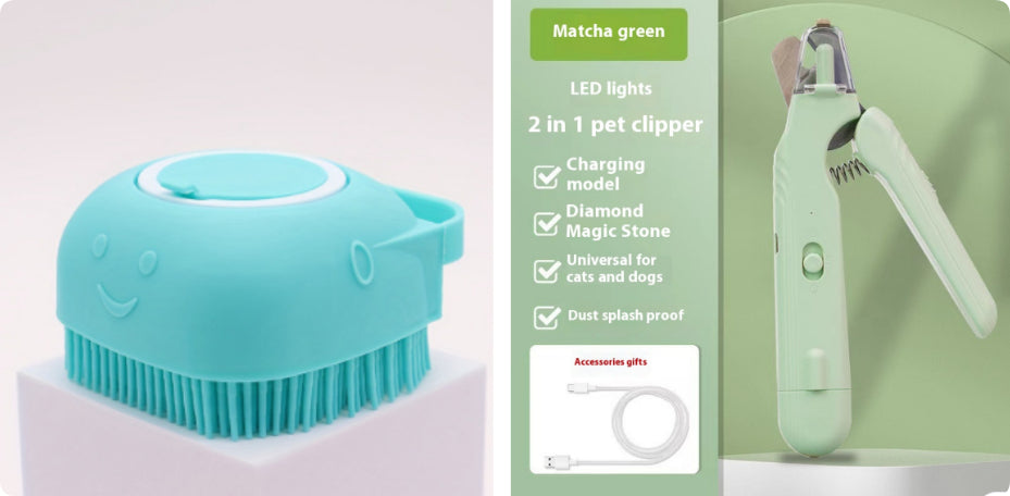 Pet grooming tool with LED lights and charging model, featuring matcha green color.