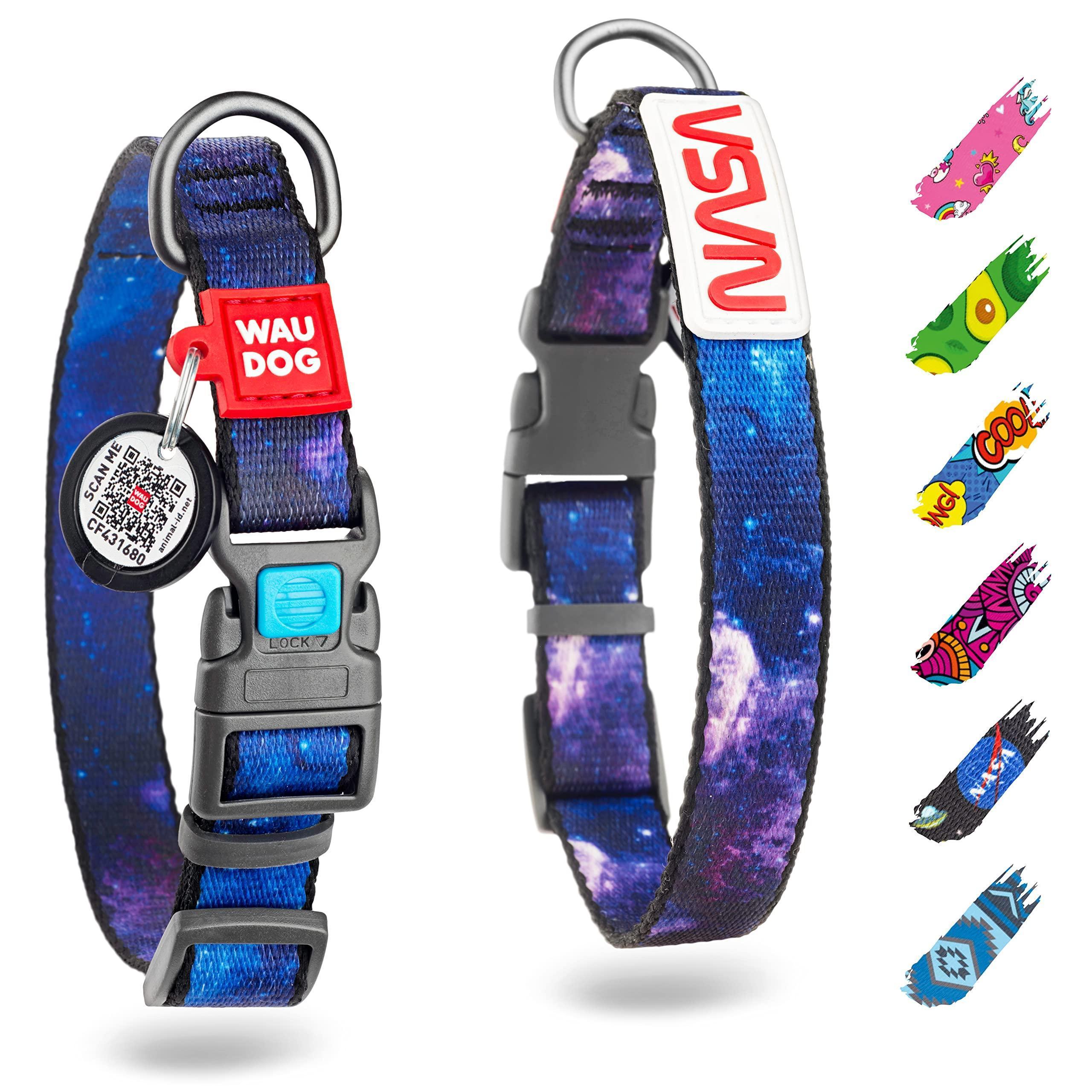 Adjustable nylon dog collar with reflective trim, breakaway buckle, and attached QR ID tag